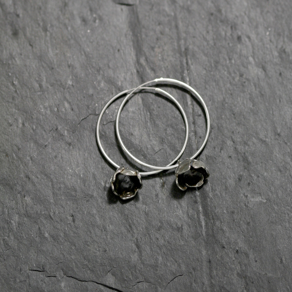 My simple Sterling silver buttercup is oxidised or plated and hung on a large 3.5cm silver hoop.