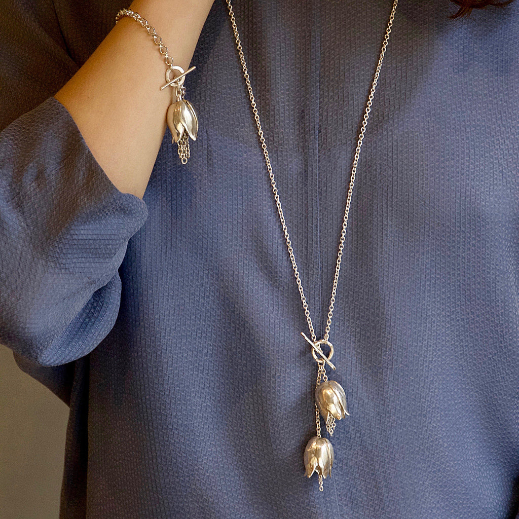 A hallmarked Sterling silver double fritillaria lily necklace on a heavier 70 trace, 36 inch Sterling silver chain. Statement flower jewellery by Sally Wilcox UK.