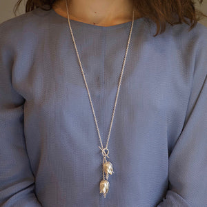 A hallmarked Sterling silver double fritillaria lily necklace on a heavier 70 trace, 36 inch Sterling silver chain. Statement flower jewellery by Sally Wilcox UK.