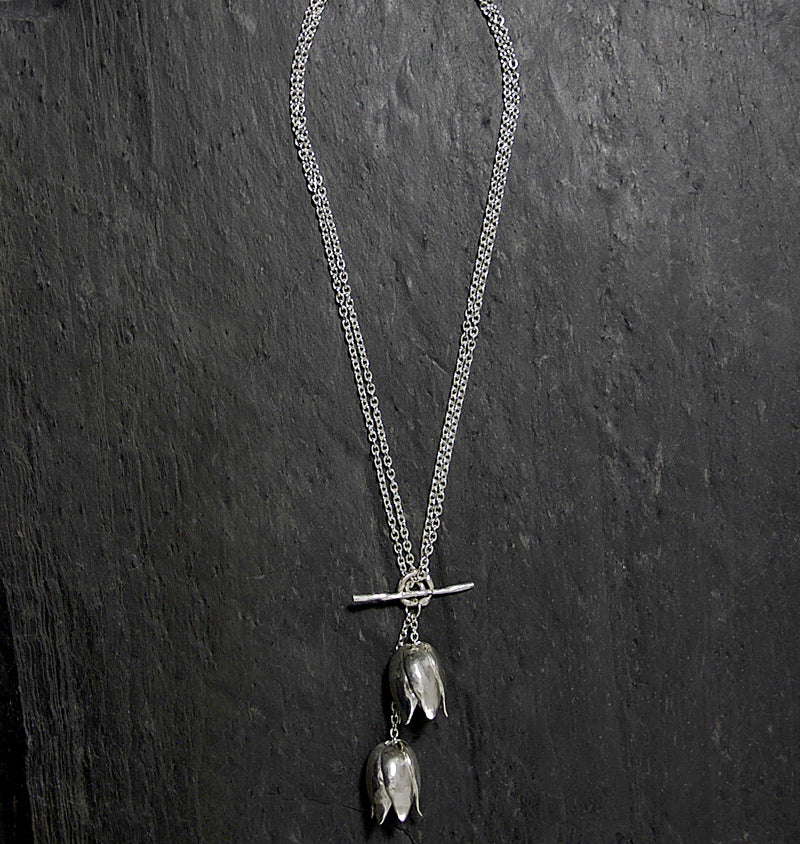 A hallmarked Sterling silver double fritillaria lily necklace on a heavier 70 trace, 36 inch Sterling silver chain. Statement flower jewellery by Sally Wilcox UK.