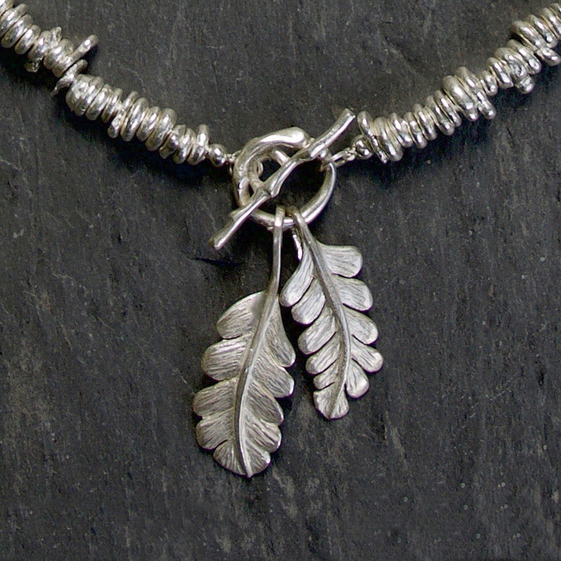 Oak Leaf Double Droplet Necklace Handmade Jewellery, oak leaf jewellery, nature jewellery, hallmarked Sterling silver made in Cornwall by Sally Wilcox, a Hatton Garden Jeweller with over 20 years experience