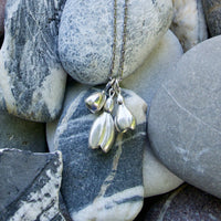 Snowdrop Floral Pendant Necklace on a long chain, flower jewellery, hallmarked Sterling silver made in Cornwall by Sally Wilcox, a Hatton Garden Jeweller with over 20 years experience