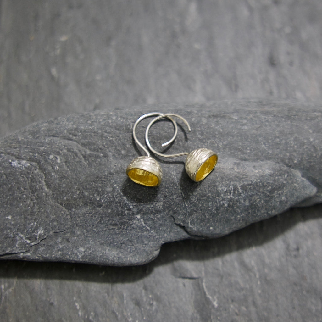 Acorn cup earrings on a simple round hook. Handmade in Sterling silver and oxidised or vermeil plated in 22ct gold.