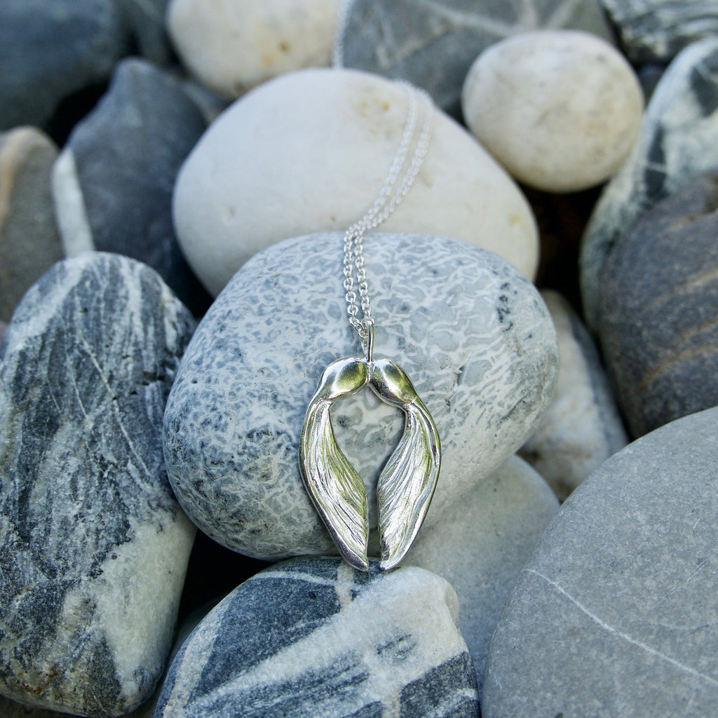 A Sterling silver double sycamore key measures 1.2cm across. It is set on an 18 inch medium weight trace Silver chain and a hand made catch. Finished in either in polished Silver or vermeil plated in 18ct rose or 22ct yellow Gold. UK Handmade silver jewellery. 