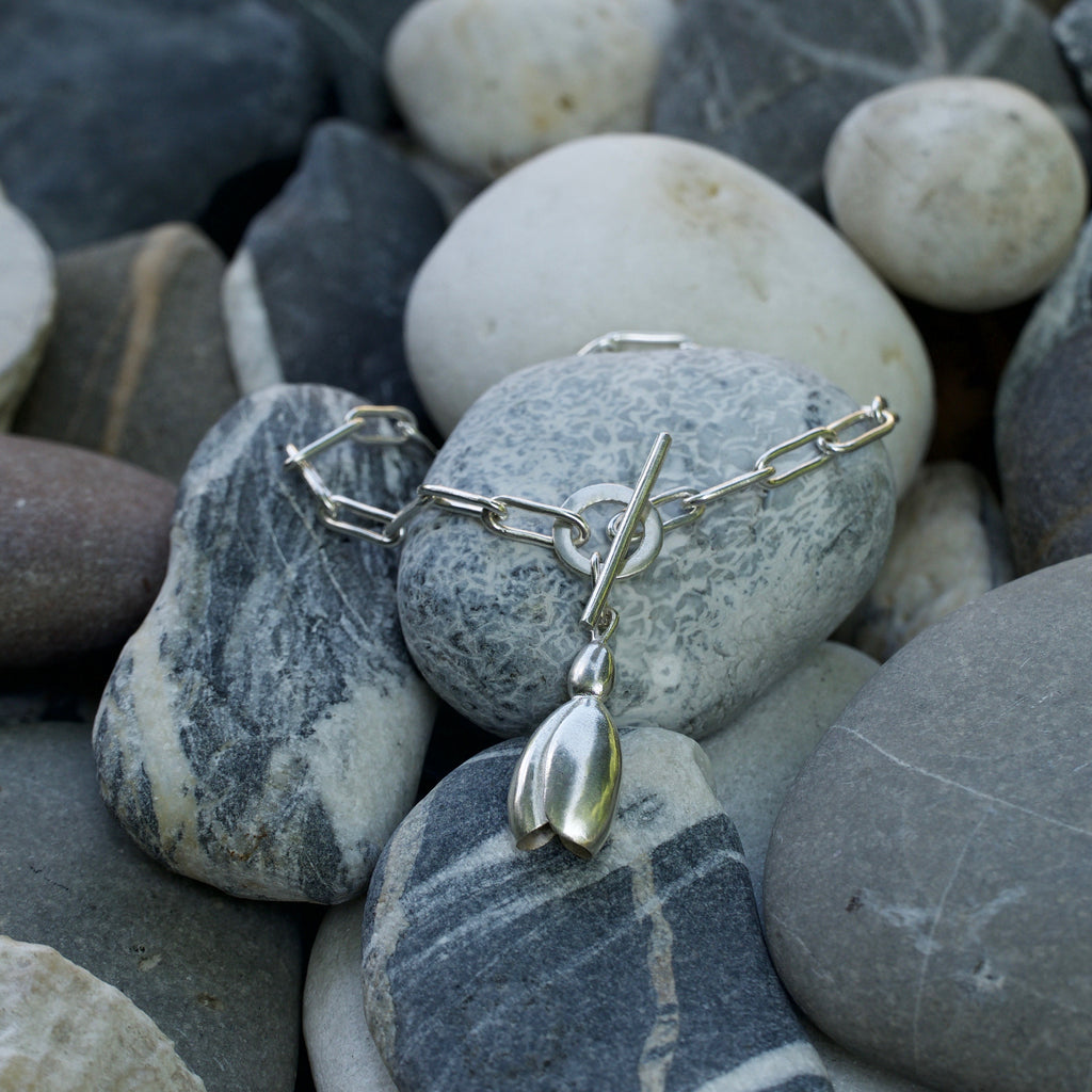 Snowdrop Flower Small bracelet, flower jewellery, hallmarked Sterling silver bracelet made in Cornwall by Sally Wilcox.